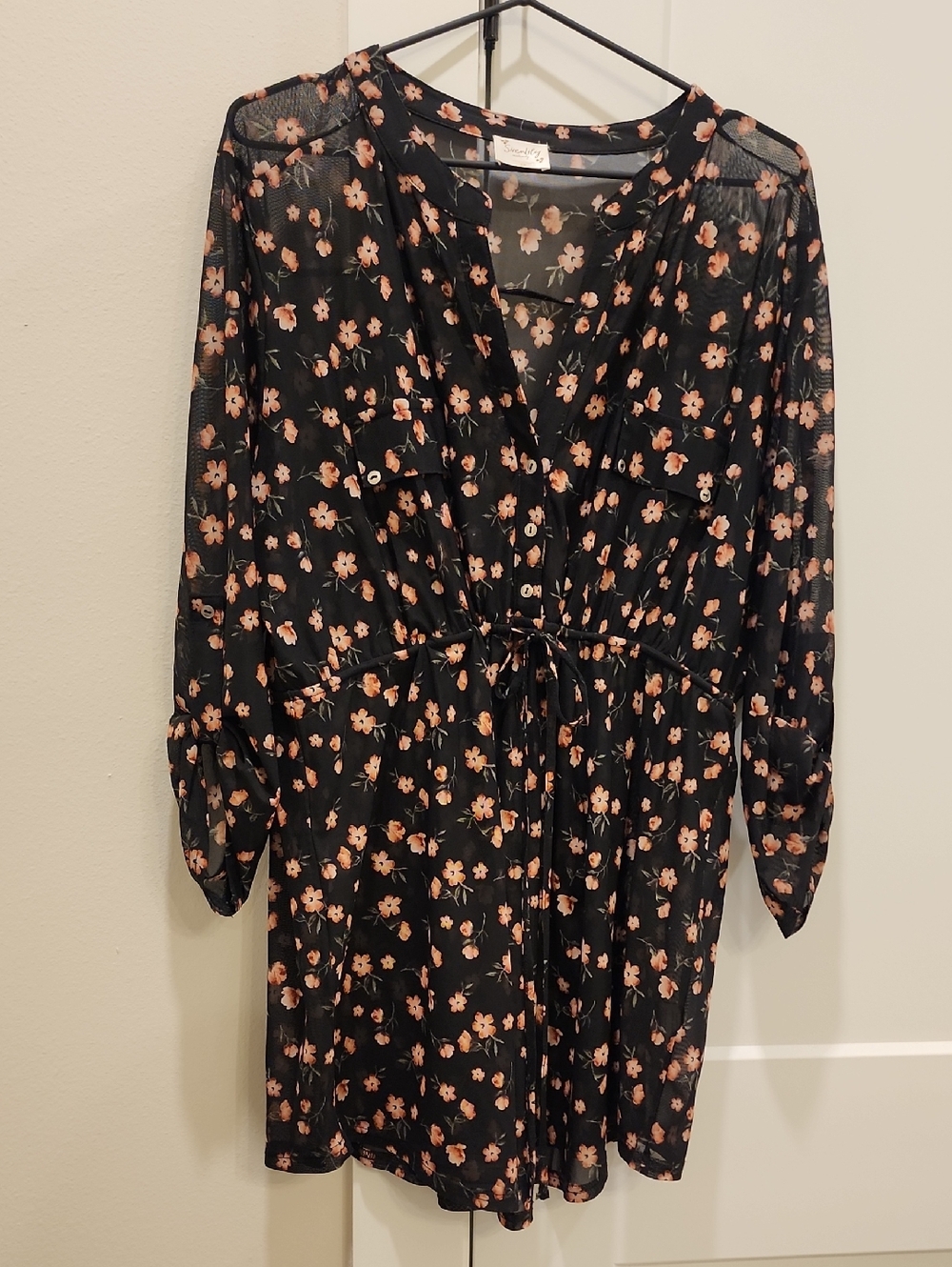 Floral Drawstring Waist Black & Peach Women's Long Tunic